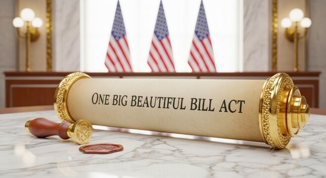 A rolled up bill with the text one big beautiful bill act sits on a desk with an official seal and stamp, with american flags in the background