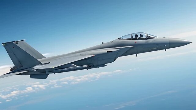 F-15 Eagle fighter jet soars through a clear blue sky with wisps of clouds, showcasing military