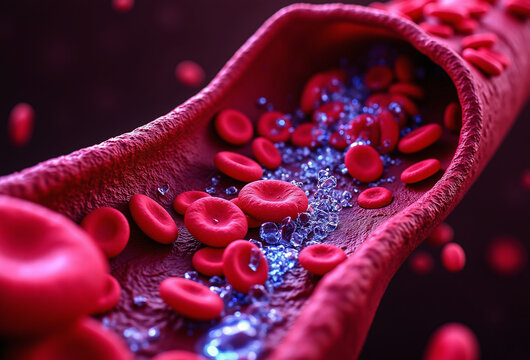 This detailed biological rendering shows red blood cells and blue crystal-like particles moving through the lumen of a magnified blood vessel.