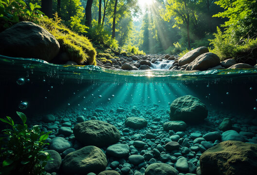 A split-level view captures the clear water of a rocky stream flowing through a sunlit forest, highlighting the submerged riverbed and bright green foliage above.