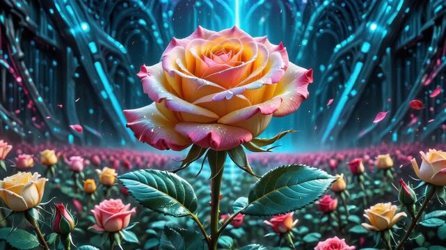 Video A single rose growing among pink and yellow roses