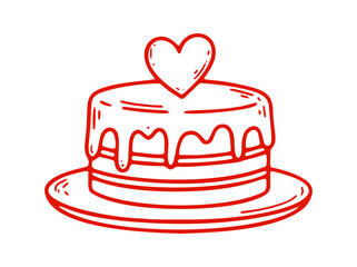 There is a hand drawn cake with icing and a heart on top of it. It is sitting on a plate.