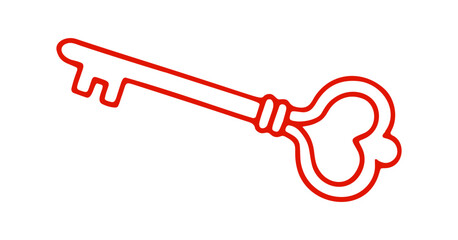 A simple red line drawing shows an old style key. It has a heart shape in the handle and is on a white background.