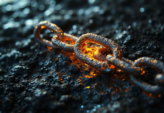 A rusty metal chain glows intensely orange, resting on dark, rough material, suggesting industrial heat and powerful friction.