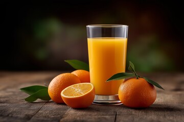 Glass of fresh orange juice beside ripe oranges on a rustic wooden surface, showcasing vibrant colors and natural textures, perfect for refreshing beverage concepts