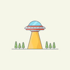 Flat UFO Illustration with Light Beam