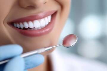 Close-up of a smiling female patient showcasing bright teeth during a dental examination, with dental tools visible, highlighting the importance of oral health and patient care