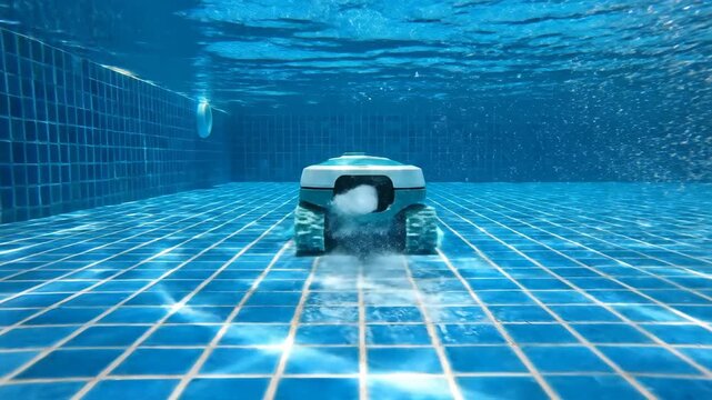 Robotic pool cleaner vacuuming the tiled floor of a swimming pool underwater during a bright sunny day.
