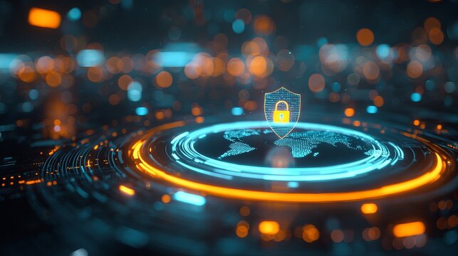Cybersecurity shield protecting global network data transfer in modern glowing tech background for digital privacy and secure data transmission concept