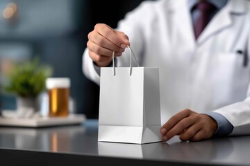 Hands of a pharmacist in a white coat placing a medical product into a standard paper bag on a counter, showcasing the importance of pharmacy services and patient care