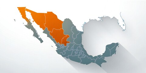 Mexico map with highlighted orange region and shadow