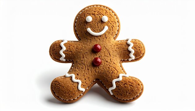 Smiling gingerbread man cookie with festive icing and red candy buttons, a classic holiday treat isolated on a clean white background