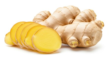 Fresh ginger root with slices isolated on white background for cooking or medicine