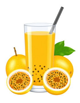 A glass of parcha passionfruit juice, a vibrant and tart caribbean beverage, isolated on white background for an exotic and refreshing presentation
