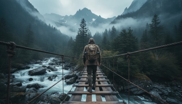 Lone hiker with a backpack and hooded jacket walks across a rustic wooden suspension bridge over a rushing river in a moody, foggy mountain valley - Powered by Adobe