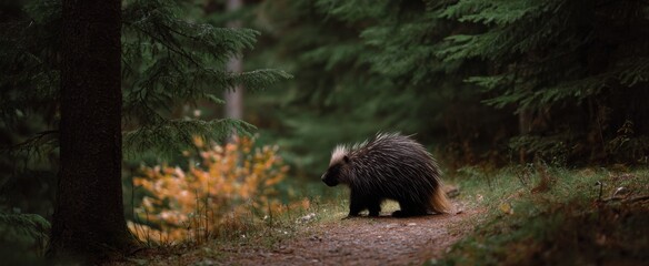 Obraz premium The porcupine strolls along a serene forest trail bordered by towering lush trees