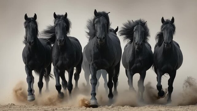 Herd of black horses galloping across dusty landscape during afternoon light, showcasing strength and speed in natural surroundings