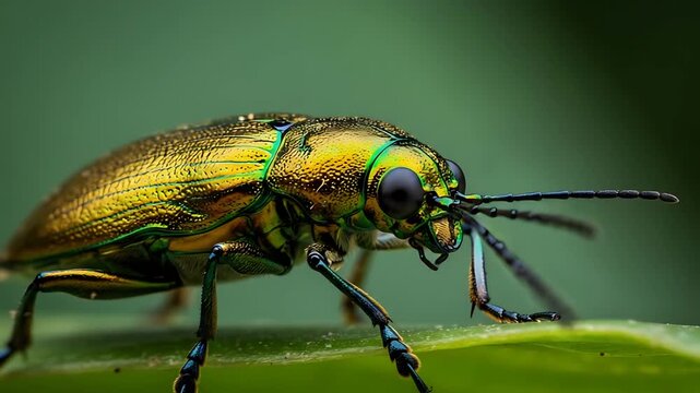 Golden Jewel Beetle Video Close-Up, Captivating Macro Shots of a Stunning Insect on Green Leaf