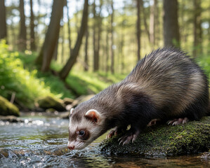 Ferret drinking from a small stream