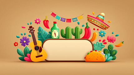Blank poster surrounded by typical Mexican motifs on an orange background
