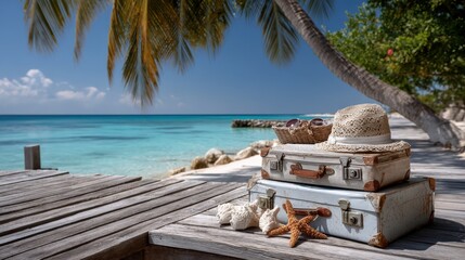 Beach Vacation Essentials on Wooden Pier