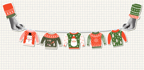 Hands Holding Ugly Christmas Sweater Bunting, Fun Halftone Vector Collage Party Banner or Invitation