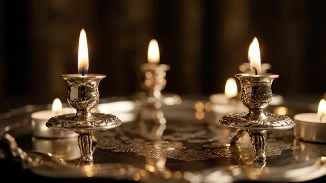 Lit candles in ornate silver holders on a reflective tray, soft focus background