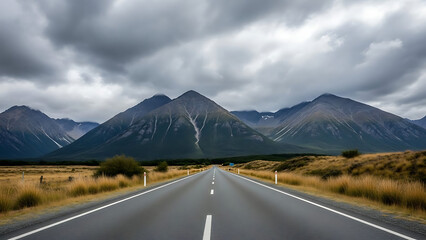 Straight road leading toward mountains under a cloudy sky
