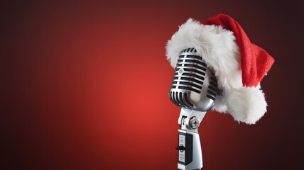 Vintage microphone with Santa hat on red background