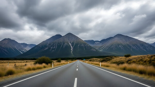 Straight road leading toward mountains under a cloudy sky