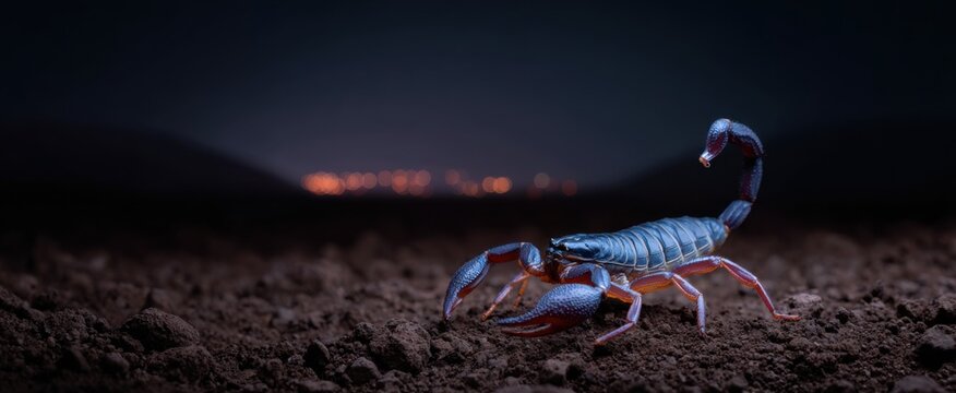The scorpion stealthily hunts during the dark and quiet nighttime under dim light conditions