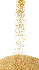 pouring golden couscous in heap . Isolated on transparent background, png