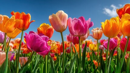Fototapeta premium Colorful Tulip Field Under Bright Blue Sky with Soft Clouds and Vibrant Blooms of Various Shades Including Pink, Orange, Yellow, and Purple