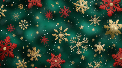 A sparkling golden and red snowflake background with glitter and bokeh, featuring bright gold accents on a green abstract backdrop &mdash; a festive Christmas and New Year's Eve concept.