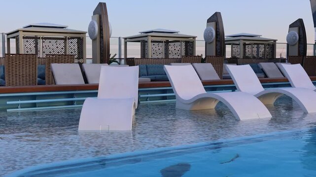 View on outdoor pool deck with curved chairs reflective shallow surface clean lines open sky and sleek architectural forms.