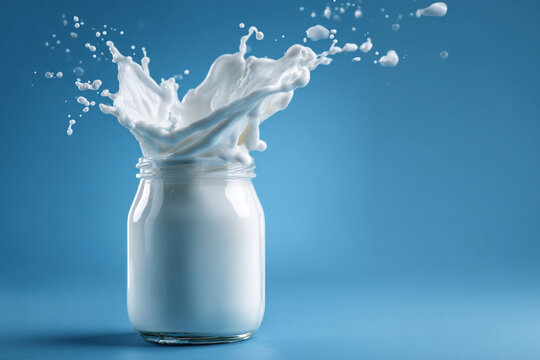 Fresh white milk splashing out of a glass jar on a blue background