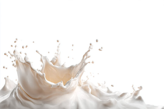 dynamic splash of white milk with droplets frozen in mid air against a clean white background
