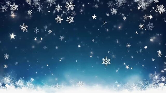 Snowflakes falling against a gradient blue background with a white, snowy border at the bottom. Christmas winter video background with copy space.