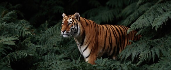 Obraz premium The tiger moves silently through the dense jungle foliage evoking awe and mystery