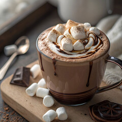 high angle hot chocolate with marshmallows in mug