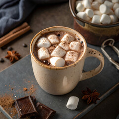 high angle hot chocolate with marshmallows in mug