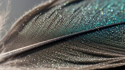 Macro shot of iridescent feather with water droplets