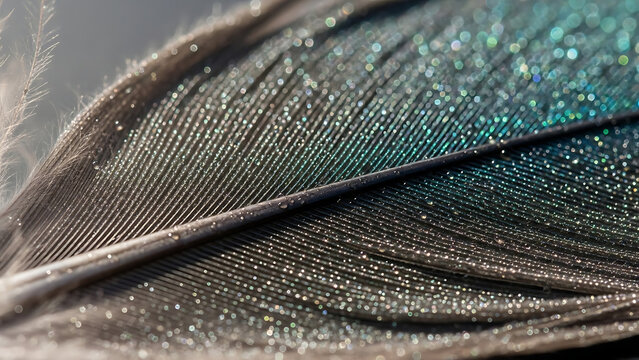 Macro shot of iridescent feather with water droplets
