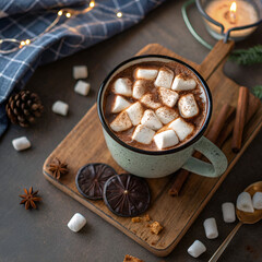 high angle hot chocolate with marshmallows in mug