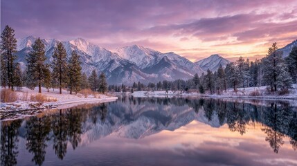 Fototapeta premium Serene Winter Landscape with Snowy Mountains and Calm Lake at Sunrise under Colorful Purple and Pink Sky in Tranquil Nature Setting