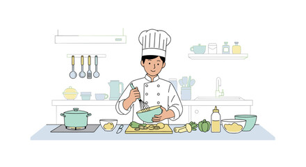 A skilled male chef in a modern kitchen is diligently preparing a healthy meal, mixing fresh ingredients with precision and culinary expertise.