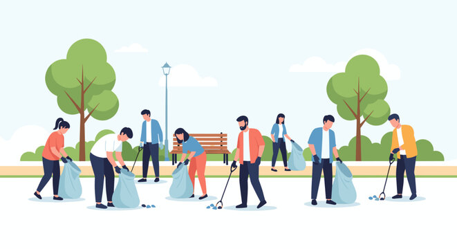 Community volunteers actively clean up a public park, collecting litter to promote environmental health and civic responsibility.