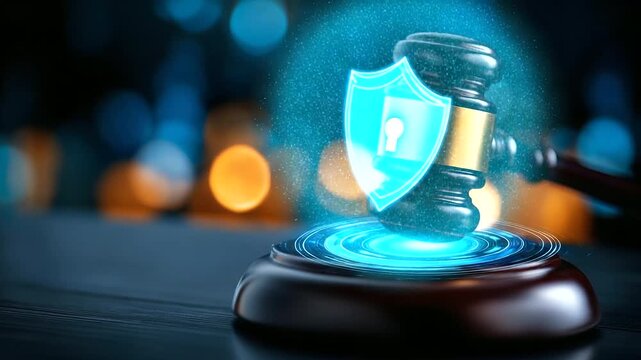 Gavel with digital security shield, defocused legal technology, data protection legislation concept, compliance enforcement visualization, regulatory technology system, privacy law