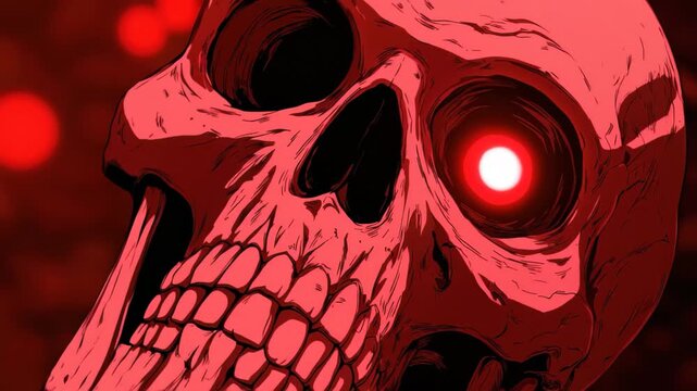 Skull with glowing red eye symbolizes danger and mystery in a dark, eerie setting during nighttime