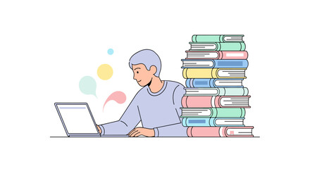 A dedicated student is shown actively engaged in remote learning with a laptop, utilizing digital resources alongside a substantial collection of books.